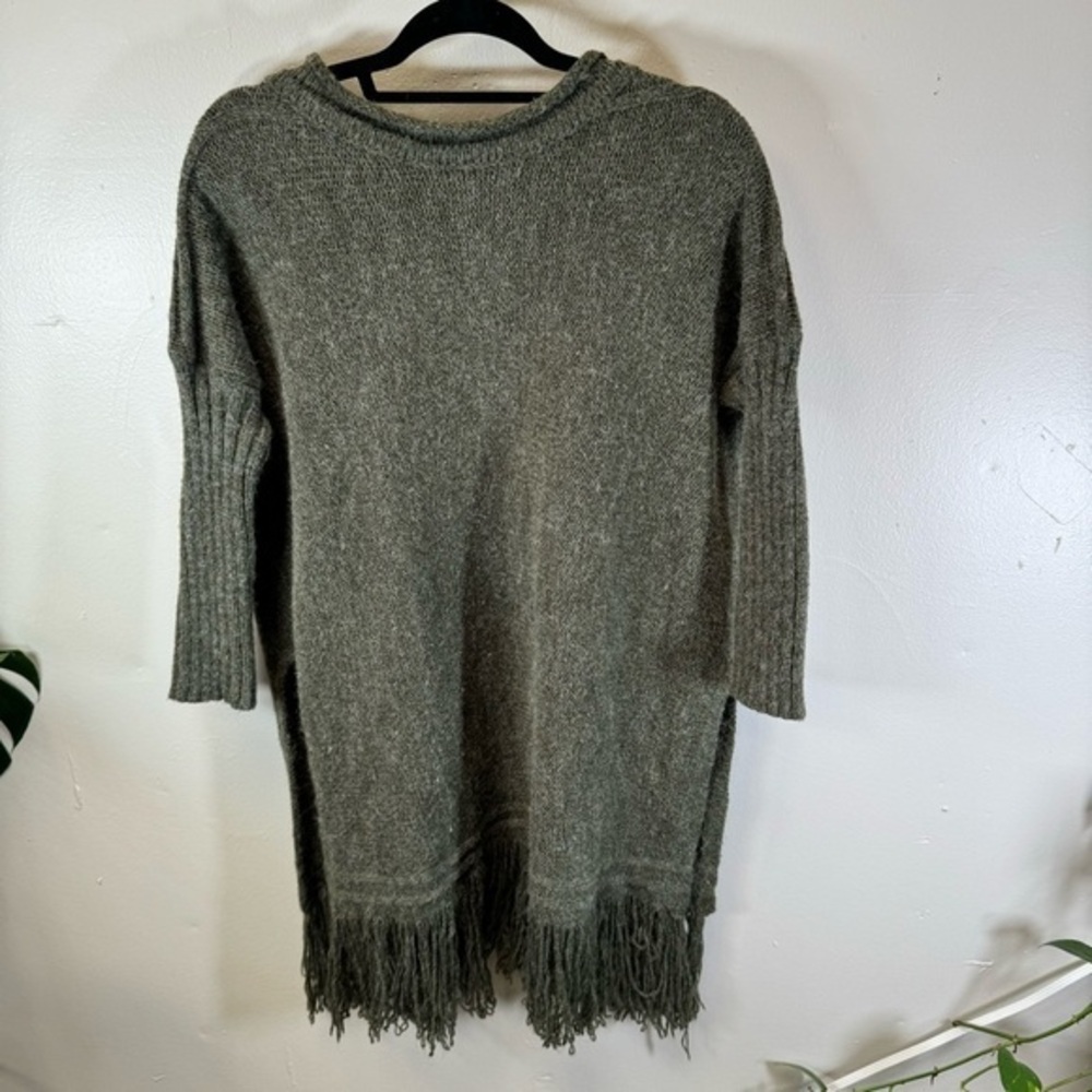 PPLA sweater dress tunic top fringe long sleeve olive green knit boho lagenlook